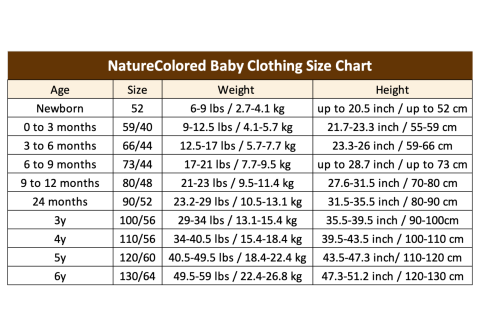Nature colored size chart