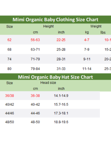 Mimi organic cotton baby clothes size chart